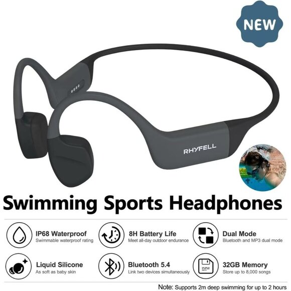Open-Ear Bone Conduction Headphones IP68 Waterproof Sport Bluetooth 5.4 MP3 - Picture 2 of 8